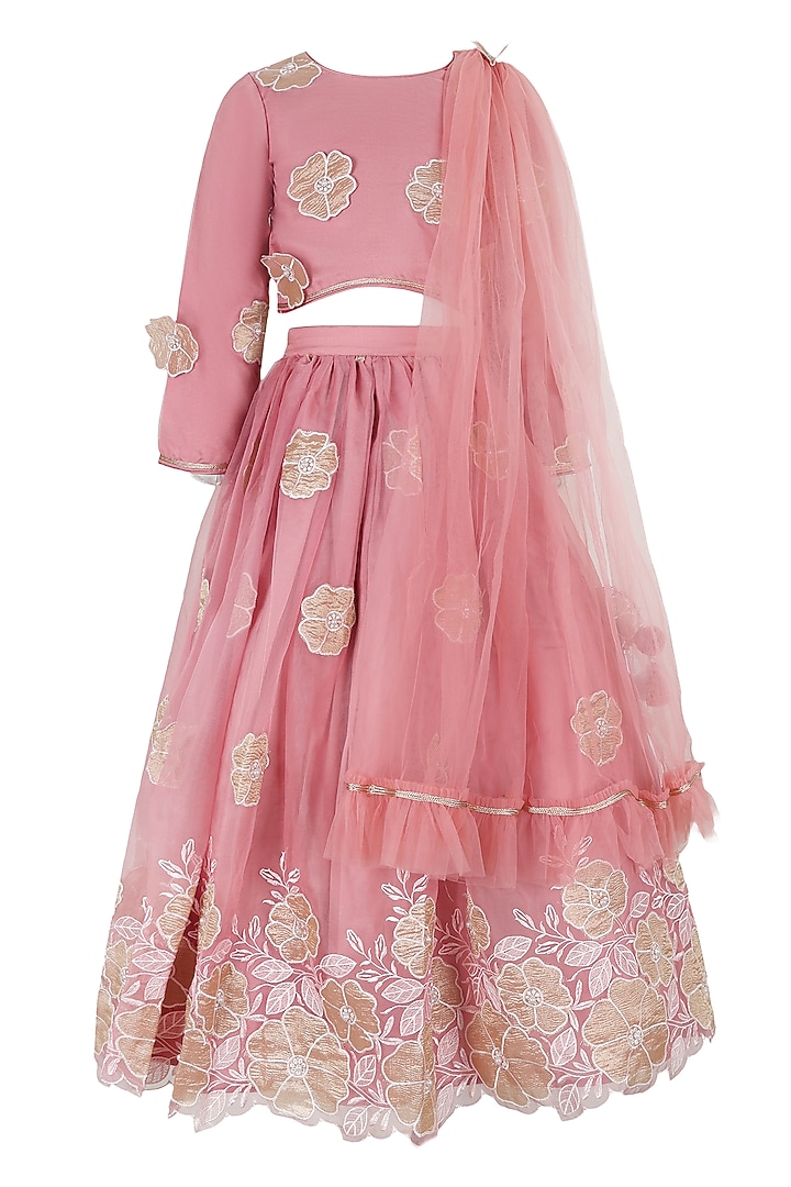 Dusky Pink Polyester Satin Floral Applique Embroidered Lehenga Set For Girls by Les Petits at Pernia's Pop Up Shop