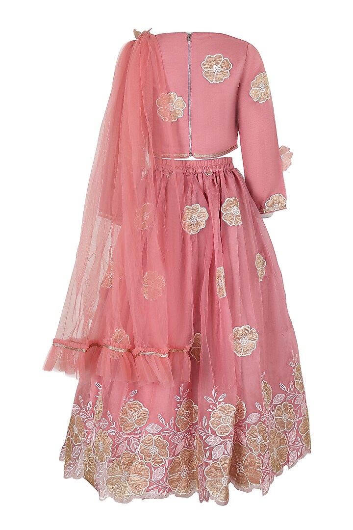 Dusky Pink Polyester Satin Floral Applique Embroidered Lehenga Set For Girls by Les Petits at Pernia's Pop Up Shop
