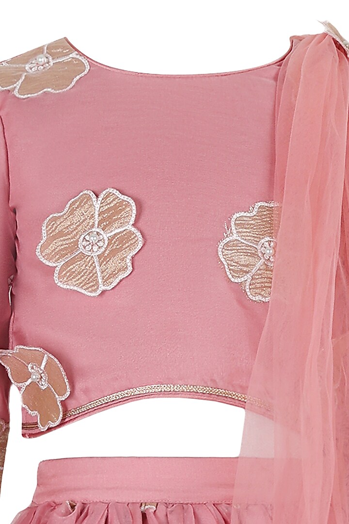 Dusky Pink Polyester Satin Floral Applique Embroidered Lehenga Set For Girls by Les Petits at Pernia's Pop Up Shop