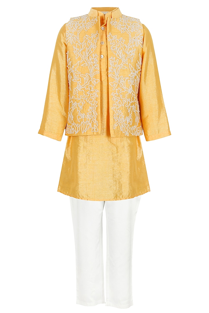 Yellow Silk Sequins Embroidered Jacket Set For Boys by Les Petits at Pernia's Pop Up Shop