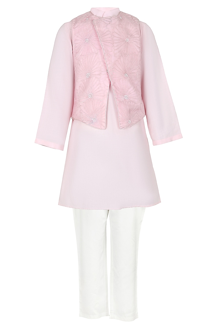 Baby Pink Cotton Sequins Embroidered Nehru Jacket Set For Boys by Les Petits at Pernia's Pop Up Shop