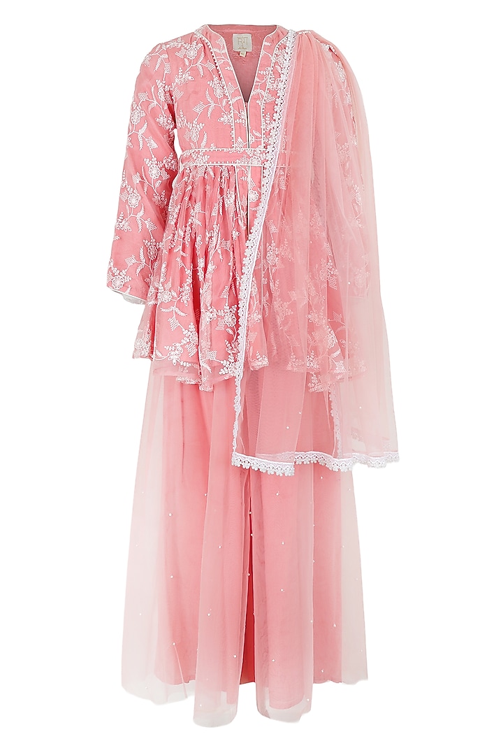 Pink Polyester Satin & Net Embroidered Sharara Set For Girls by Les Petits at Pernia's Pop Up Shop