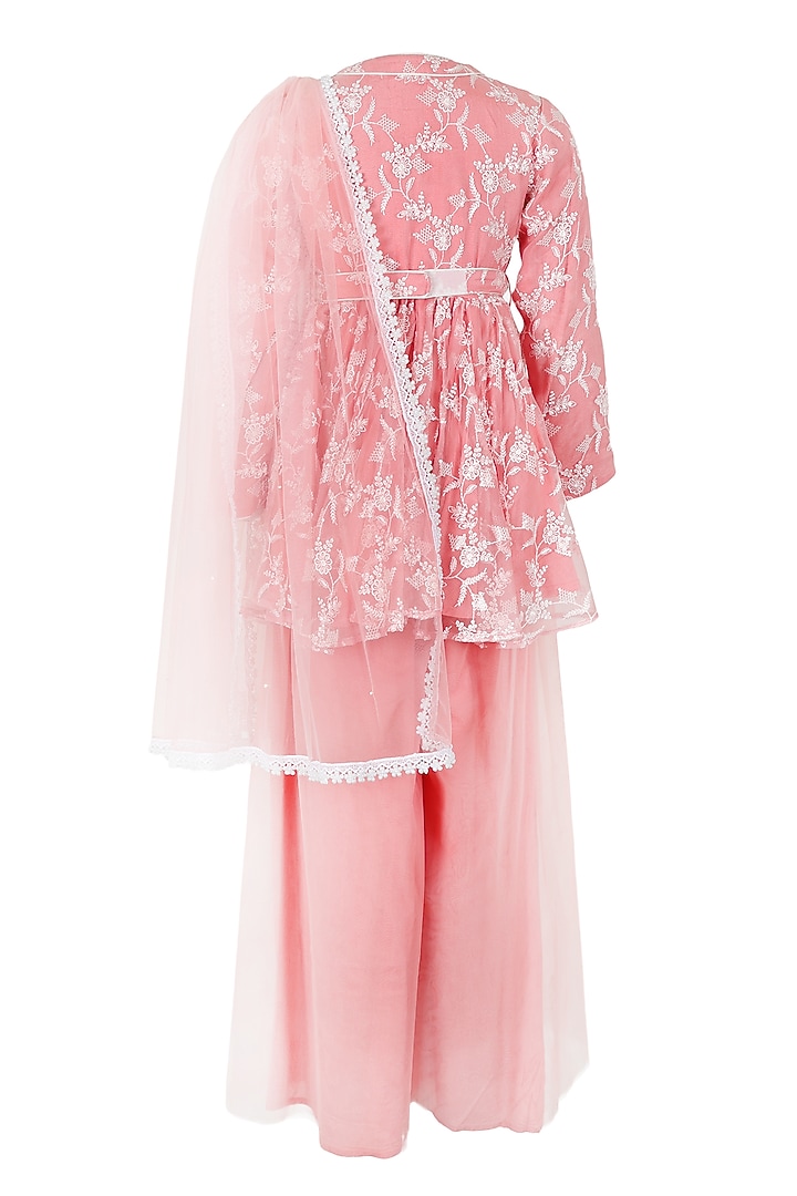 Pink Polyester Satin & Net Embroidered Sharara Set For Girls by Les Petits at Pernia's Pop Up Shop
