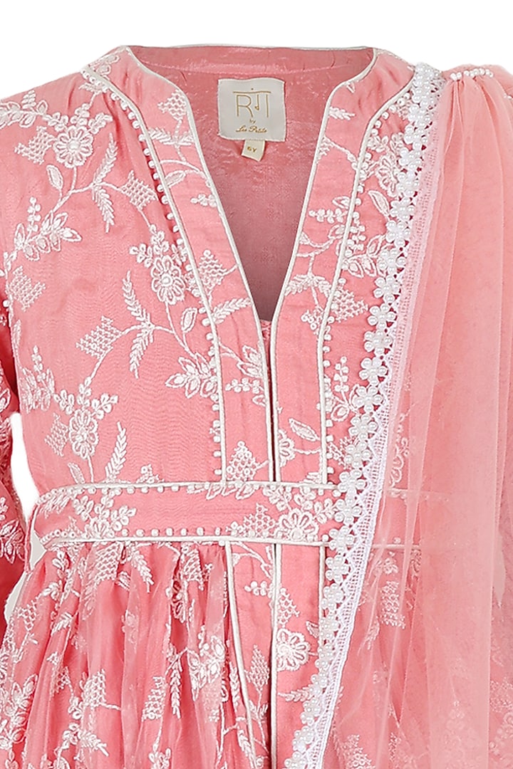 Pink Polyester Satin & Net Embroidered Sharara Set For Girls by Les Petits at Pernia's Pop Up Shop