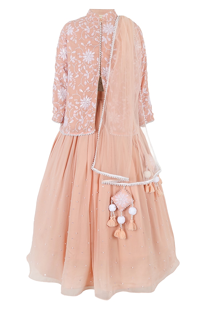 Peach Polyester Floral Threadwork Lehenga Set For Girls by Les Petits at Pernia's Pop Up Shop