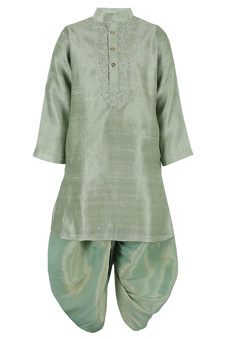 Sage Green Silk Embroidered Kurta Set For Boys by Les Petits at Pernia's Pop Up Shop