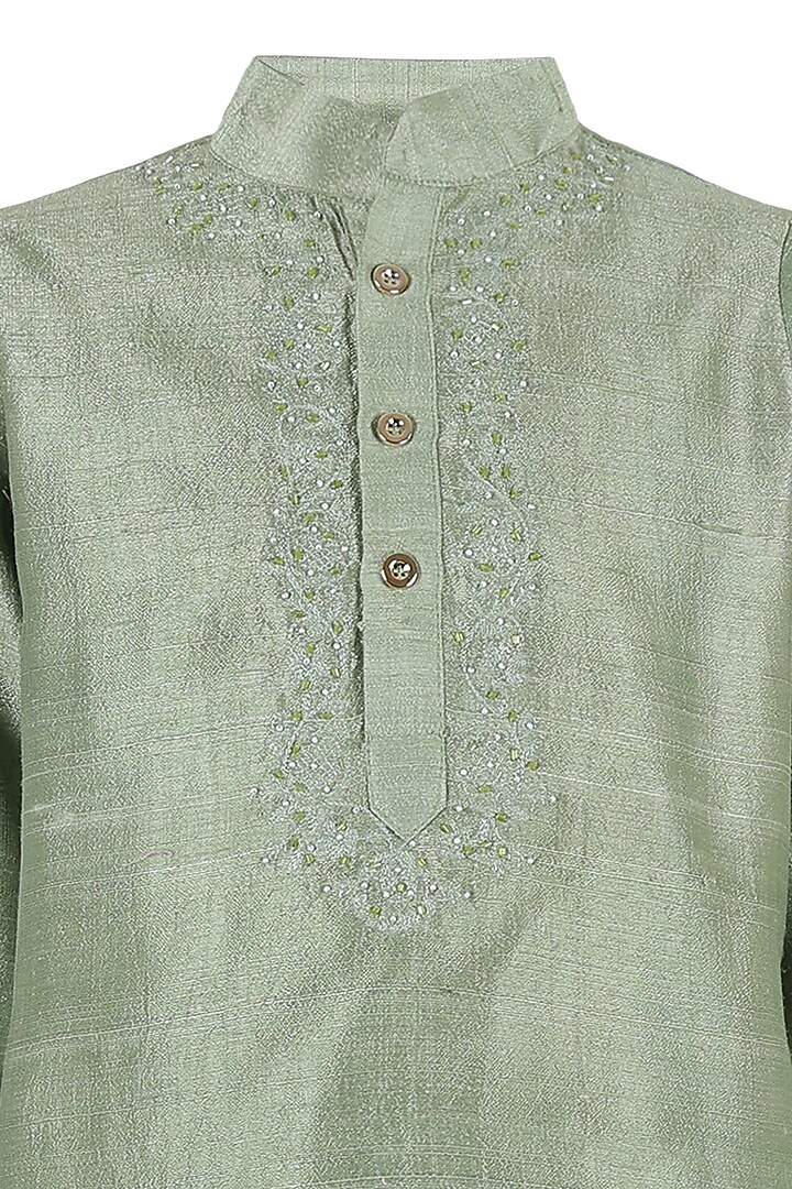 Sage Green Silk Embroidered Kurta Set For Boys by Les Petits at Pernia's Pop Up Shop