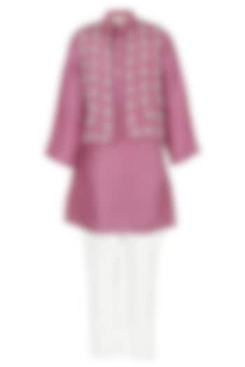 Mauve Silk Thread Embroidered Nehru Jacket Set For Boys by Les Petits at Pernia's Pop Up Shop