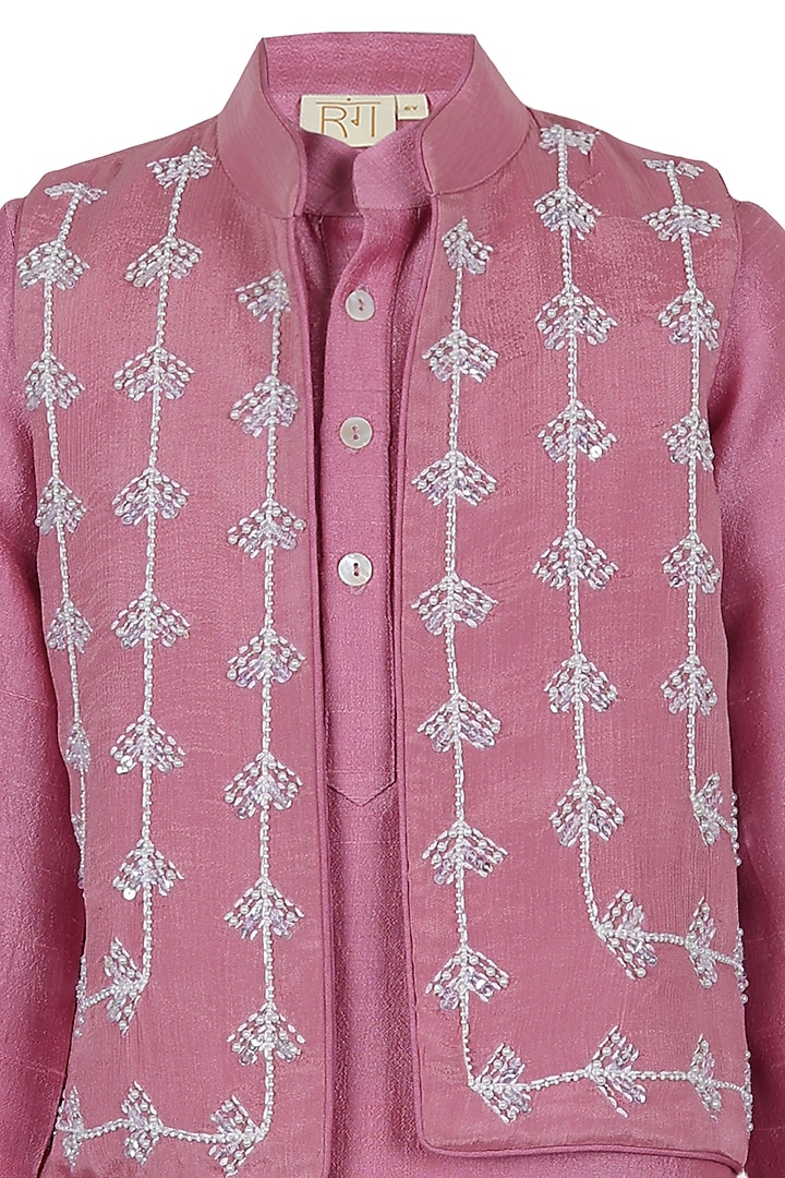 Mauve Silk Thread Embroidered Nehru Jacket Set For Boys by Les Petits at Pernia's Pop Up Shop