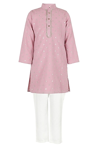 Lavender Pink Cotton Sequins Work Kurta Set For Boys by Les Petits