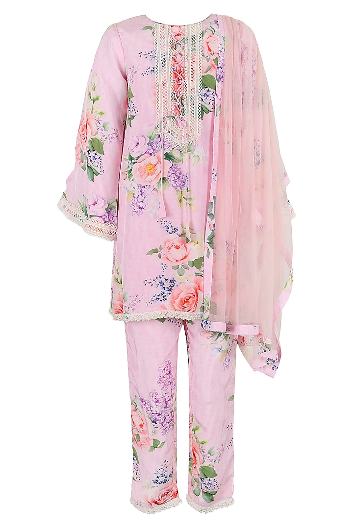 Lavender Pink Polyester Floral Printed Kurta Set For Girls by Les Petits at Pernia's Pop Up Shop