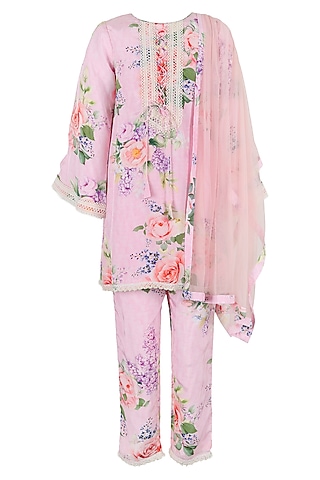 Lavender Pink Polyester Floral Printed Kurta Set For Girls by Les Petits