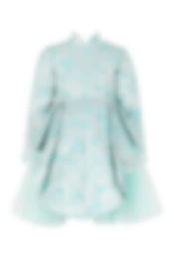Aqua Blue Jacquard Brocade High-Low Floral Jacket Dress For Girls by Les Petits at Pernia's Pop Up Shop