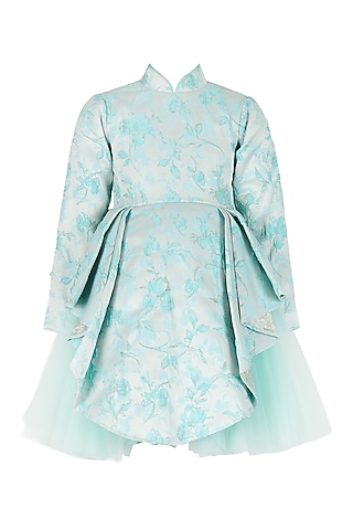 Aqua Blue Jacquard Brocade High-Low Floral Jacket Dress For Girls by Les Petits