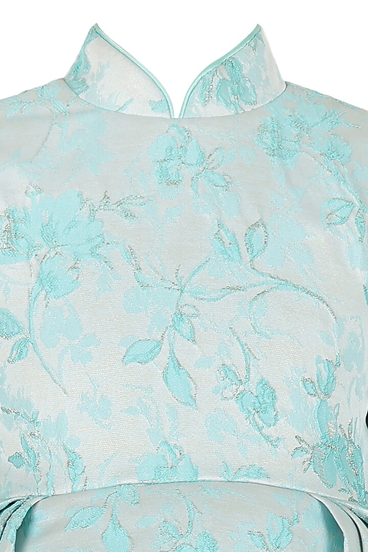 Aqua Blue Jacquard Brocade High-Low Floral Jacket Dress For Girls by Les Petits at Pernia's Pop Up Shop