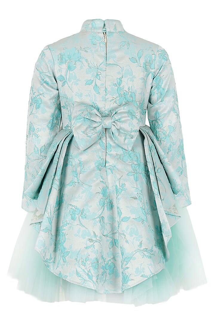 Aqua Blue Jacquard Brocade High-Low Floral Jacket Dress For Girls by Les Petits at Pernia's Pop Up Shop