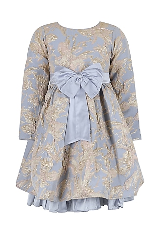 Powder Blue & Gold Brocade Floral Dress For Girls by Les Petits