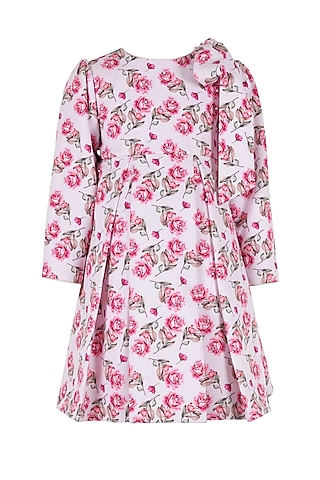 Light Pink Polyester Floral Printed Pleated Dress For Girls by Les Petits