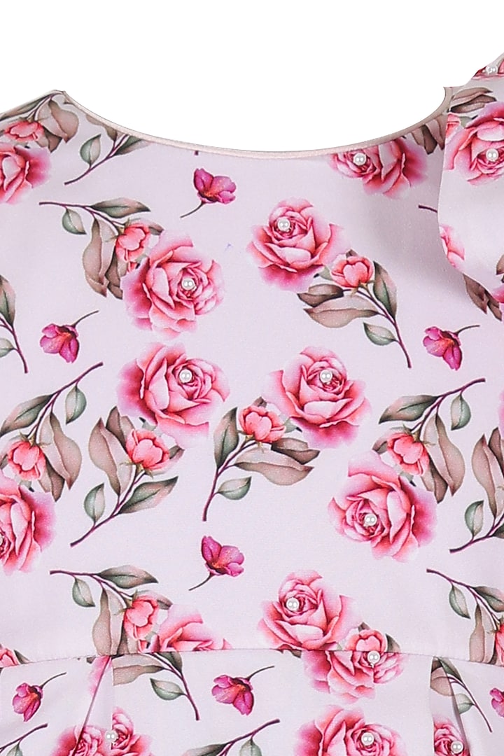 Light Pink Polyester Floral Printed Pleated Dress For Girls by Les Petits at Pernia's Pop Up Shop