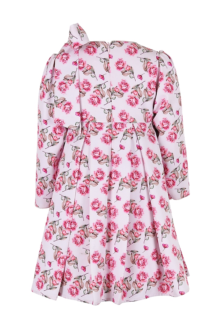 Light Pink Polyester Floral Printed Pleated Dress For Girls by Les Petits at Pernia's Pop Up Shop