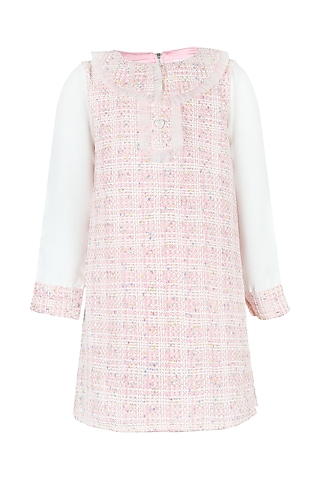 Baby Pink Tweed A-Line Dress For Girls by Les Petits