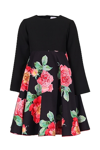 Black Polyester Floral Printed Dress For Girls by Les Petits