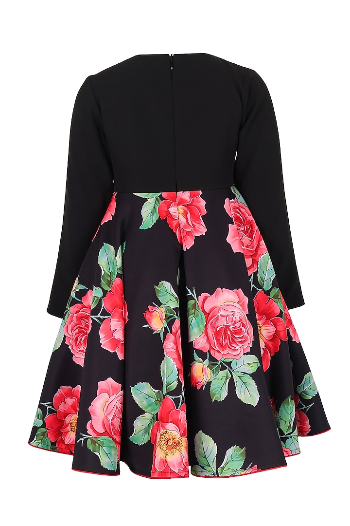 Black Polyester Floral Printed Dress For Girls by Les Petits at Pernia's Pop Up Shop