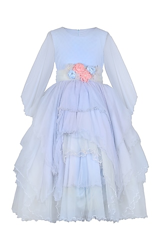Pastel Blue Satin Tiered Gown For Girls by Les Petits