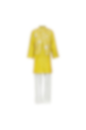 Yellow Silk Floral Embroidered Jacket Set For Boys by Les Petits