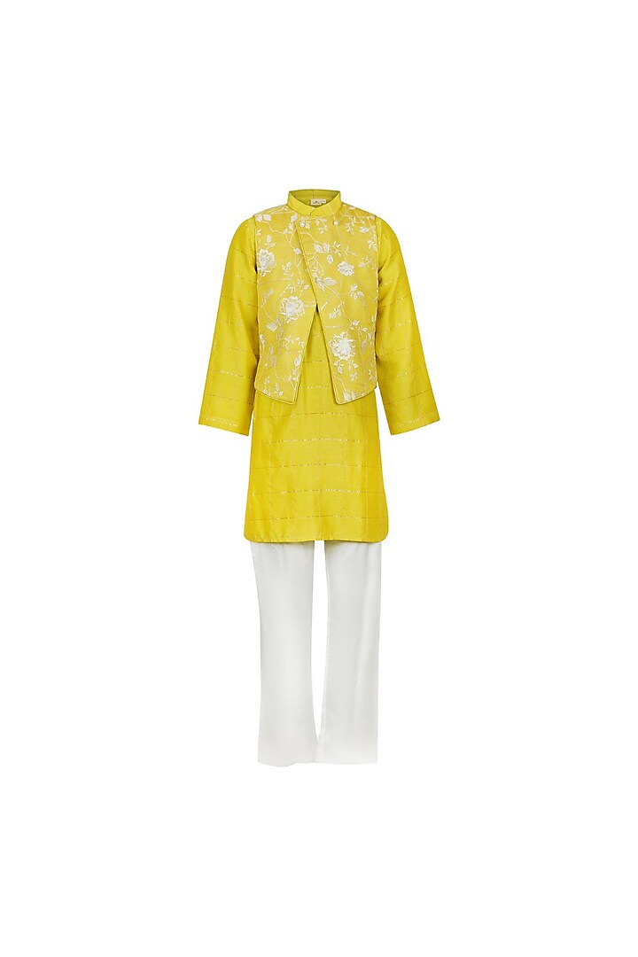 Yellow Silk Floral Embroidered Jacket Set For Boys by Les Petits