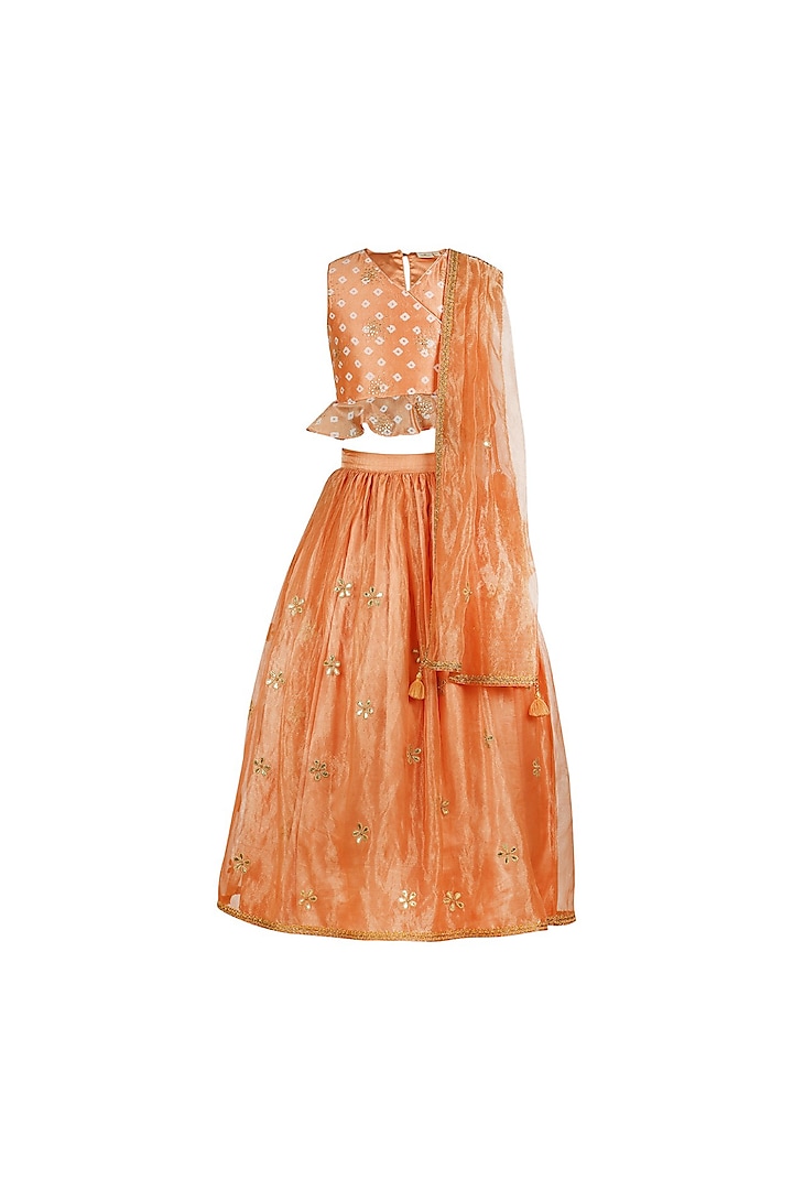 Peach Tissue Silk Gota Patti Motif Embellished Lehenga Set For Girls by Les Petits