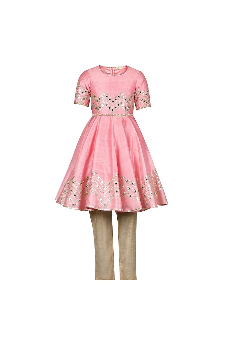 Pink Silk Mirror Embellished Kalidar Kurta Set For Girls by Les Petits