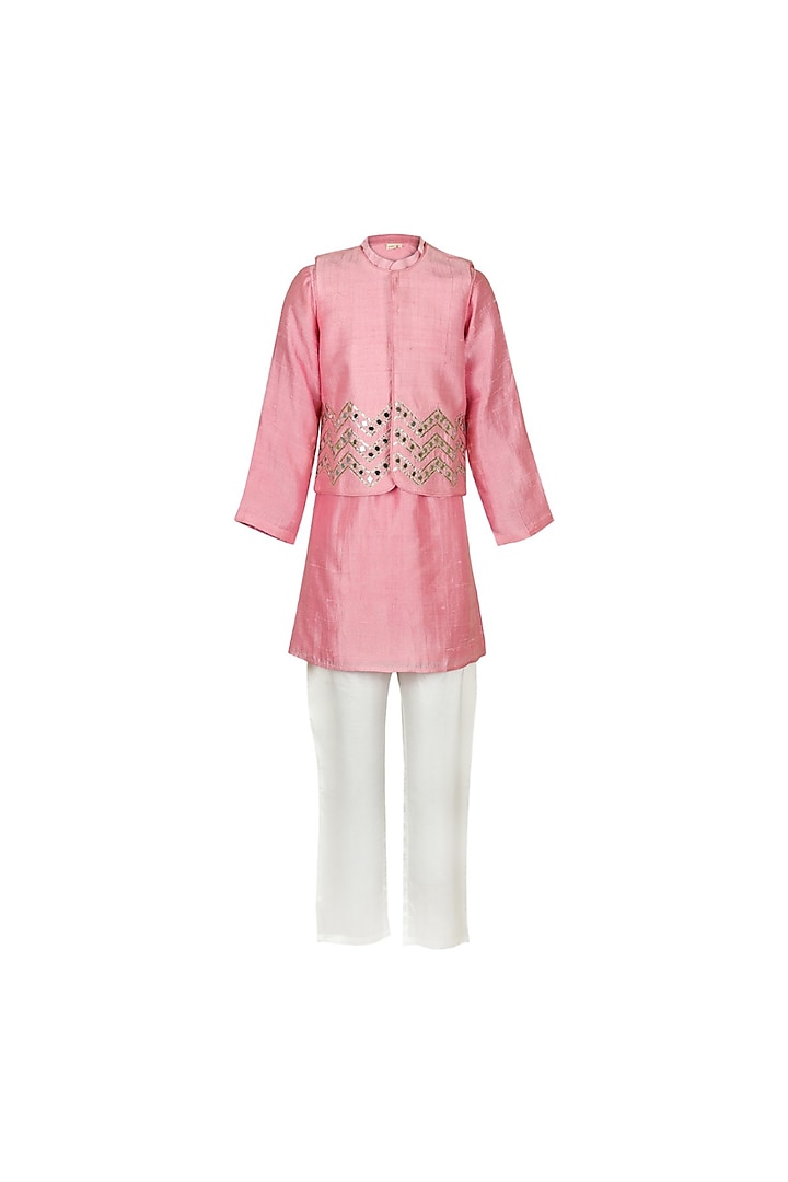 Pink Silk Mirror Embellished Jacket Set For Boys by Les Petits