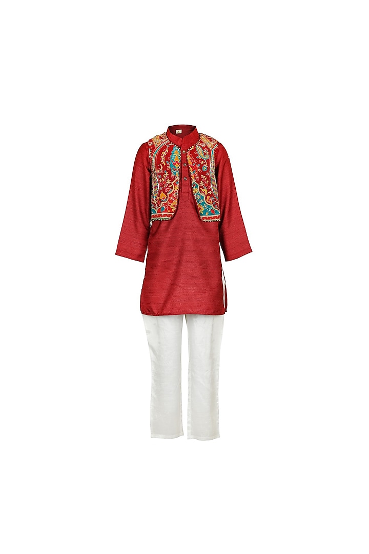 Maroon Cotton Satin Embroidered Jacket Set For Boys by Les Petits