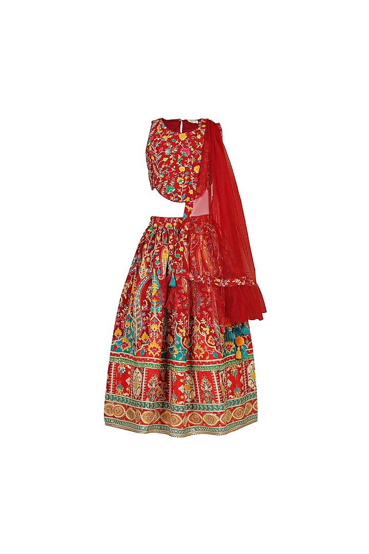 Maroon Georgette Embroidered Lehenga Set For Girls by Les Petits