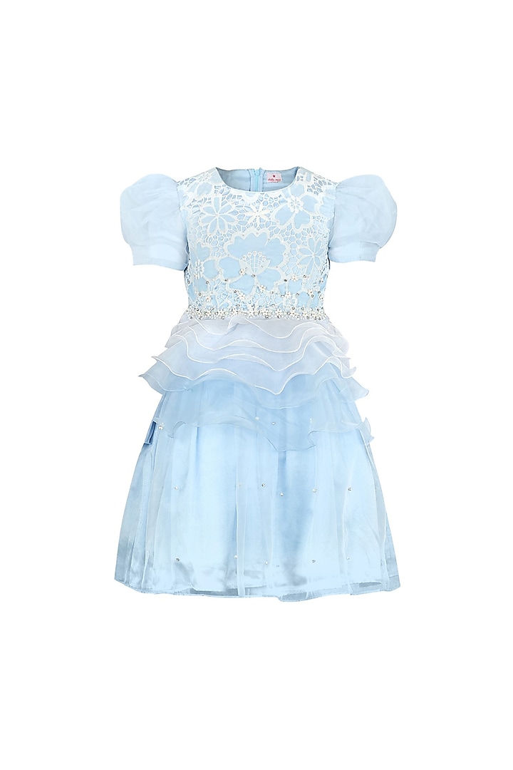 Blue Organza Embroidered Dress For Girls by Les Petits