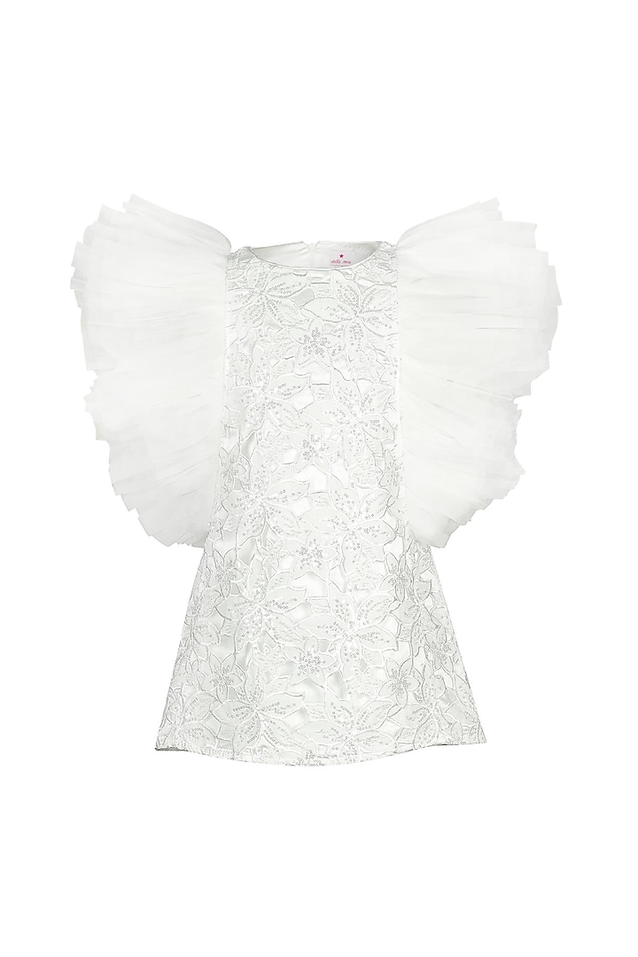 White Net Sequins Embroidered Dress For Girls by Les Petits