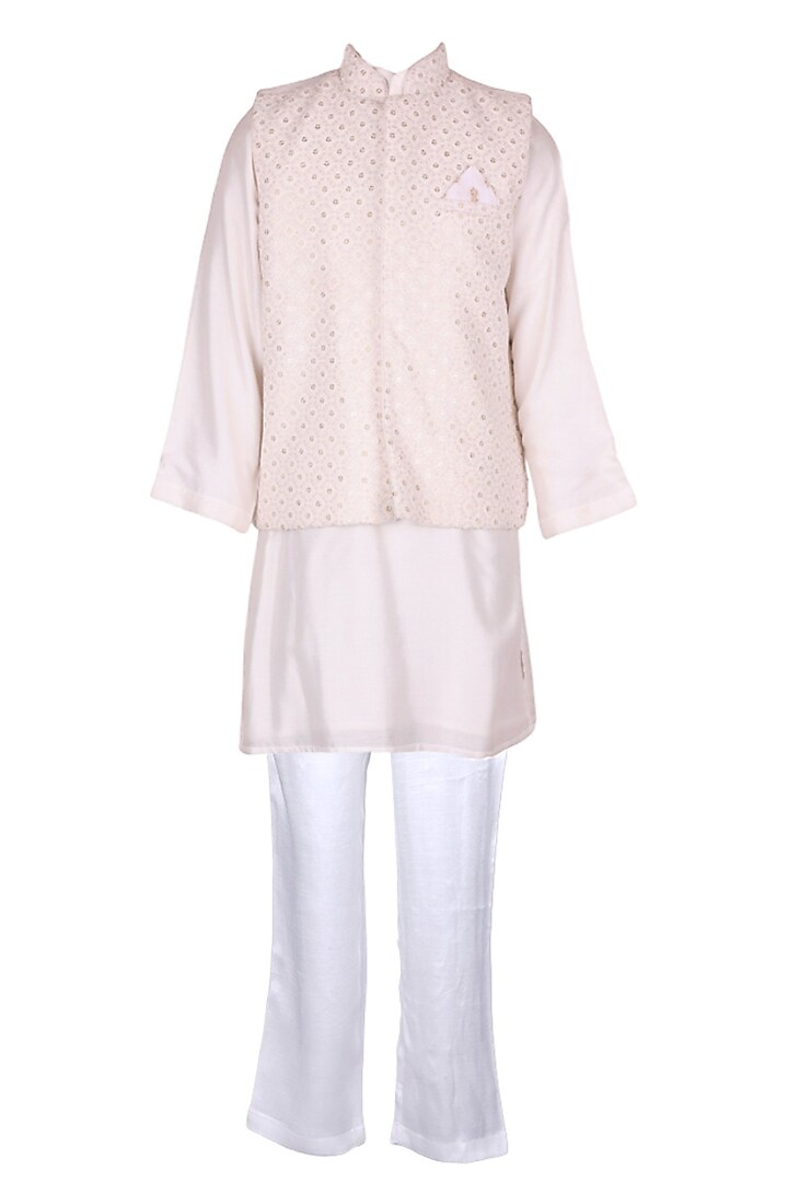 Off-White Polyester Satin Embroidered Nehru Jacket Set For Boys by Les Petits at Pernia's Pop Up Shop