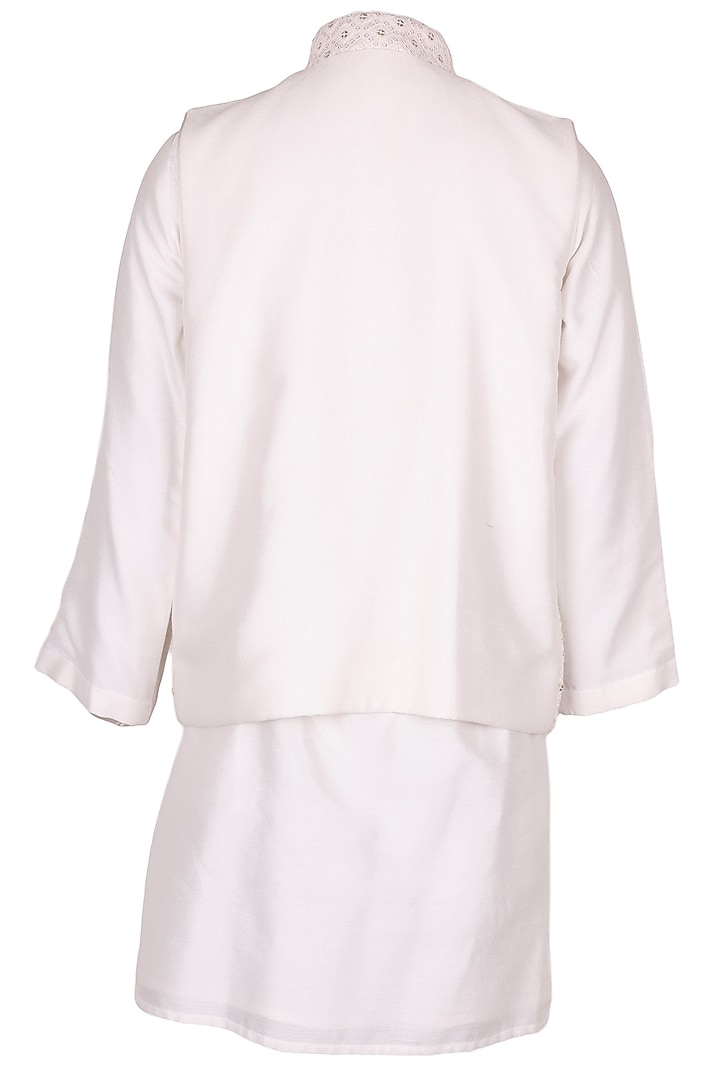 Off-White Polyester Satin Embroidered Nehru Jacket Set For Boys by Les Petits at Pernia's Pop Up Shop