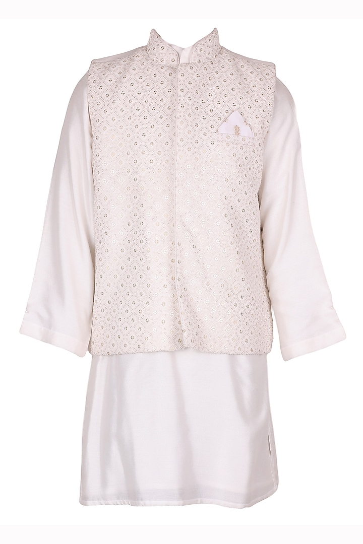 Off-White Polyester Satin Embroidered Nehru Jacket Set For Boys by Les Petits at Pernia's Pop Up Shop