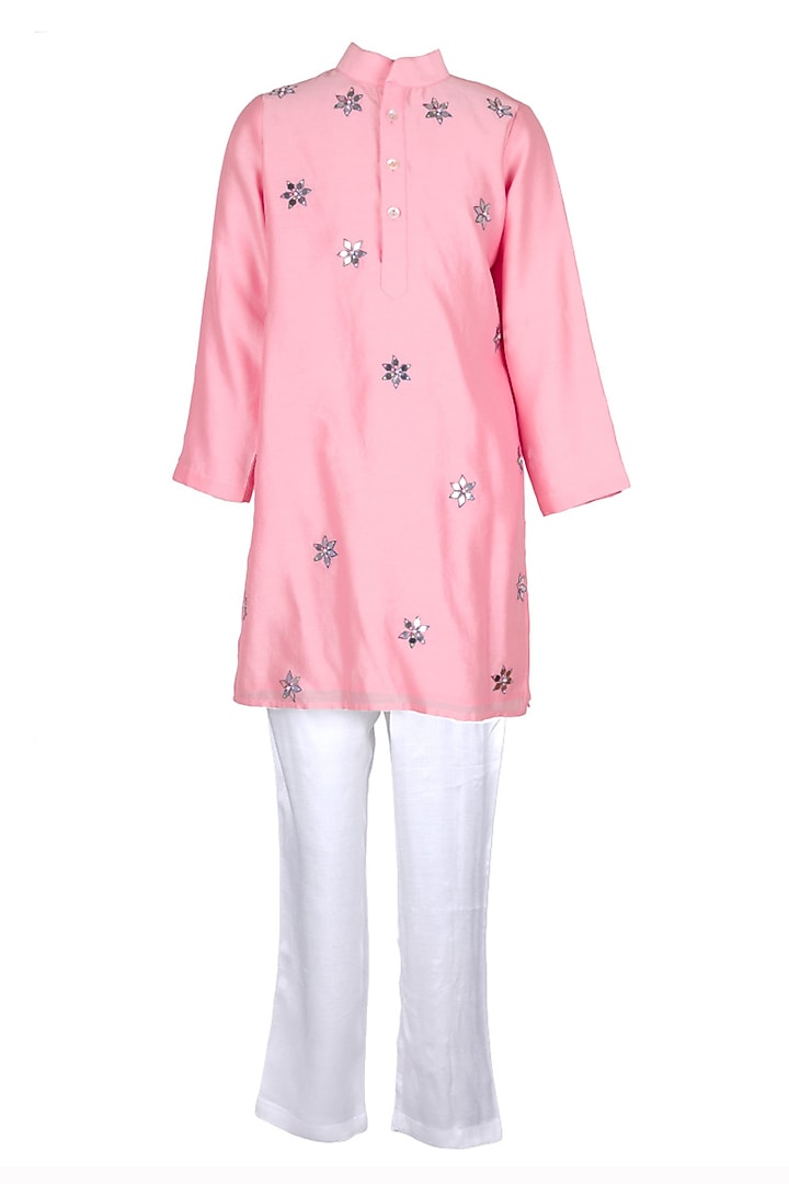 Light Pink Polyester Satin Embroidered Kurta Set For Boys by Les Petits at Pernia's Pop Up Shop