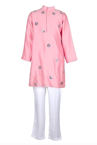 Light Pink Polyester Satin Embroidered Kurta Set For Boys by Les Petits