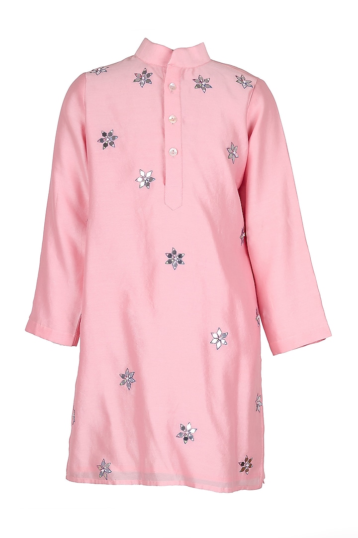 Light Pink Polyester Satin Embroidered Kurta Set For Boys by Les Petits at Pernia's Pop Up Shop