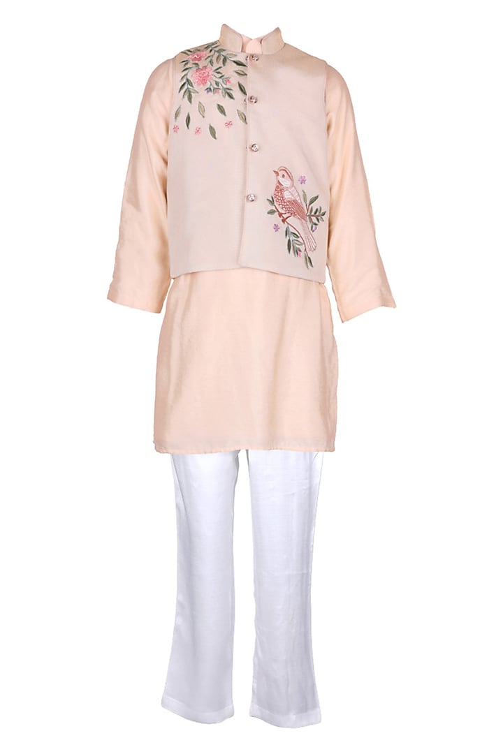 Cream Polyester Satin Embroidered Nehru Jacket Set For Boys by Les Petits at Pernia's Pop Up Shop