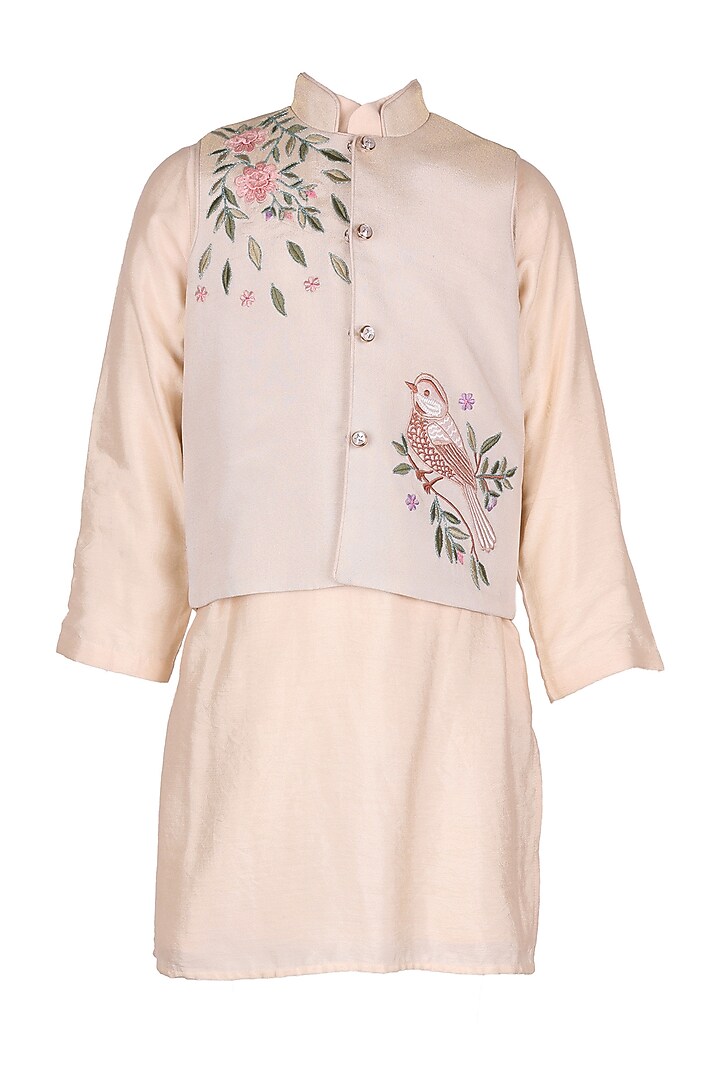 Cream Polyester Satin Embroidered Nehru Jacket Set For Boys by Les Petits at Pernia's Pop Up Shop