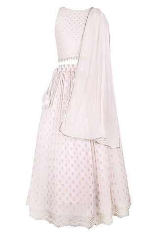 Ivory & Gold Polyester Satin Embroidered Lehenga Set For Girls by Les Petits
