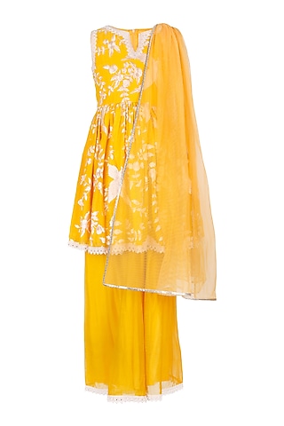 Mustard Polyester Satin Sharara Set For Girls by Les Petits
