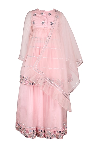 Pink Polyester Satin Embroidered Anarkali Set For Girls by Les Petits