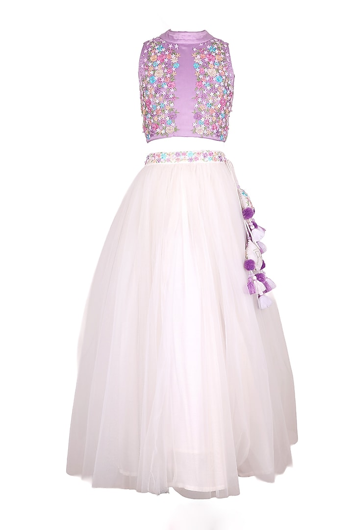Lavender Polyester Satin Embroidered Lehenga Set For Girls by Les Petits at Pernia's Pop Up Shop