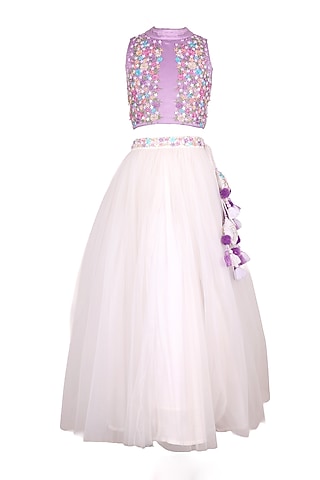 Lavender Polyester Satin Embroidered Lehenga Set For Girls by Les Petits